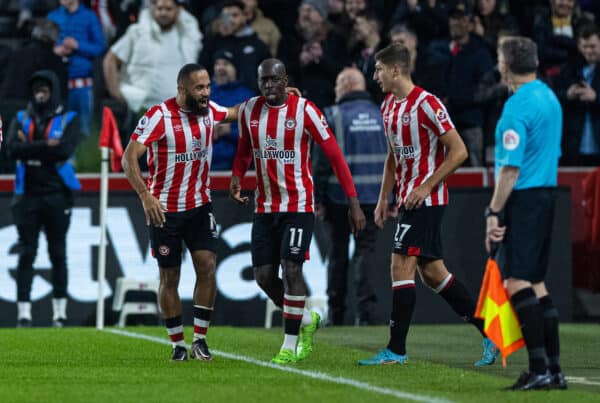 LONDON, ENGLAND - Monday, January 2, 2023: Liverpool's Brentford's Yoane Wissa celebrates after scoring the second goal during the FA Premier League match between Brentford FC and Liverpool FC at the Brentford Community Stadium. Brentford won 3-1. (Pic by David Rawcliffe/Propaganda)