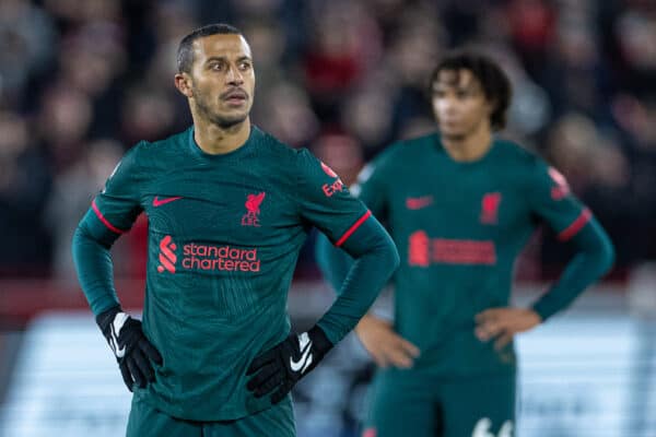 LONDON, ENGLAND - Monday, January 2, 2023: Liverpool's Thiago Alcântara during the FA Premier League match between Brentford FC and Liverpool FC at the Brentford Community Stadium. Brentford won 3-1. (Pic by David Rawcliffe/Propaganda)