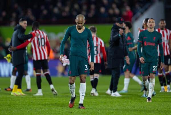 LONDON, ENGLAND - Monday, January 2, 2023: Liverpool's Fabio Henrique Tavares 'Fabinho' (L) looks dejected after the FA Premier League match between Brentford FC and Liverpool FC at the Brentford Community Stadium. Brentford won 3-1. (Pic by David Rawcliffe/Propaganda)