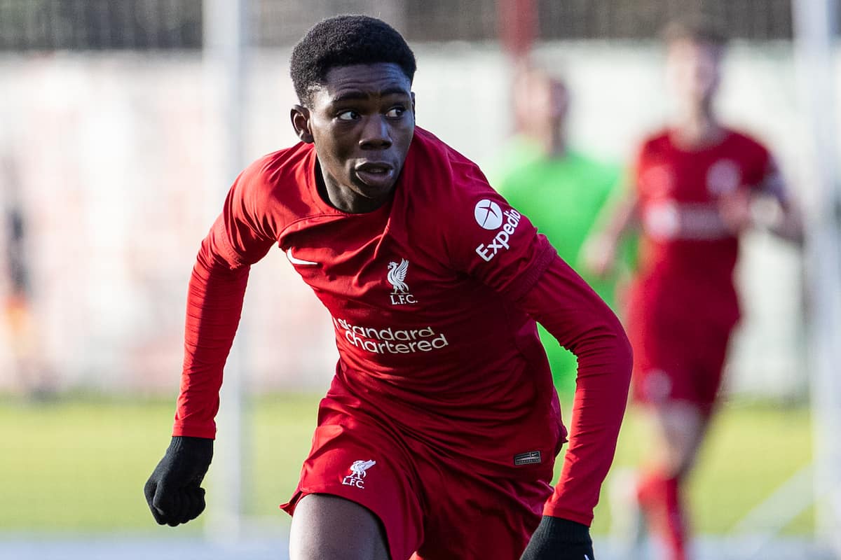 LIVERPOOL, ENGLAND - Saturday, January 7, 2023: Liverpool's Elijah Gift during the Under-18 Premier League North match between Liverpool FC Under-18's and Blackburn Rovers FC Under-18's at the Liverpool Academy. (Pic by David Rawcliffe/Propaganda)