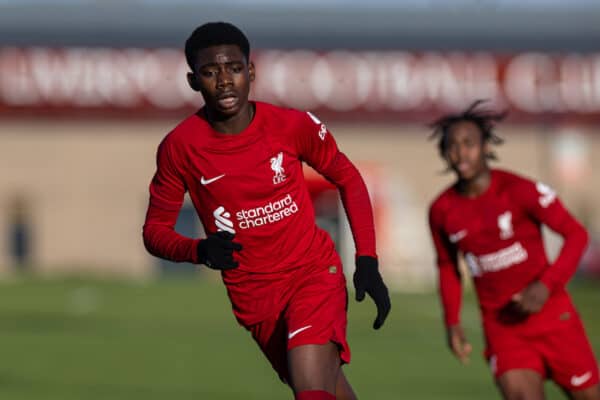 LIVERPOOL, ENGLAND - Saturday, January 7, 2023: Liverpool's Elijah Gift during the Under-18 Premier League North match between Liverpool FC Under-18's and Blackburn Rovers FC Under-18's at the Liverpool Academy. (Pic by David Rawcliffe/Propaganda)