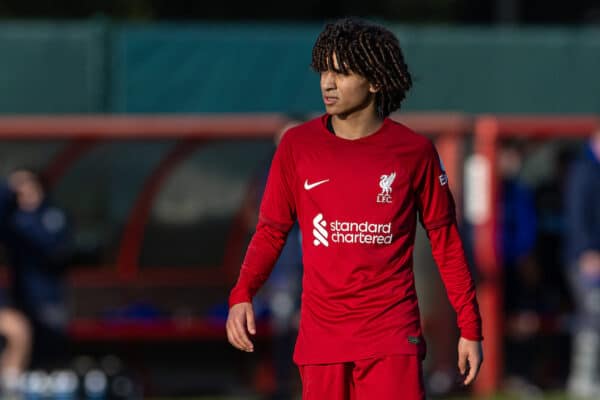 LIVERPOOL, ENGLAND - Saturday, January 7, 2023: Liverpool's substitute Kareem Ahmed during the Under-18 Premier League North match between Liverpool FC Under-18's and Blackburn Rovers FC Under-18's at the Liverpool Academy. (Pic by David Rawcliffe/Propaganda)