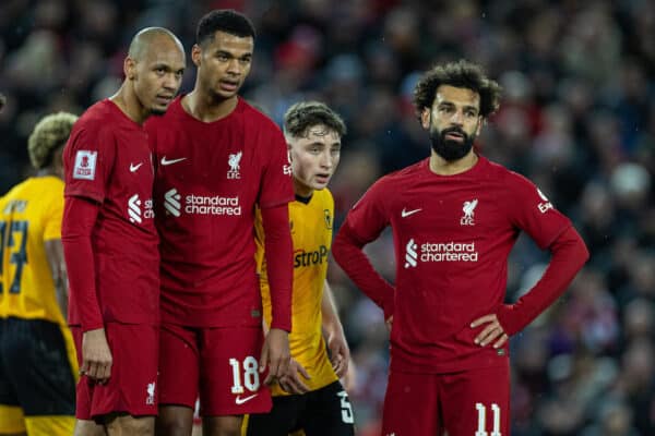 LIVERPOOL, ENGLAND - Saturday, January 7, 2023: Liverpool's (L-R_ Fabio Henrique Tavares 'Fabinho', Cody Gakpo and Mohamed Salah during the FA Cup 3rd Round match between Liverpool FC and Wolverhampton Wanderers FC at Anfield. The game ended in a 2-2 draw. (Pic by David Rawcliffe/Propaganda)