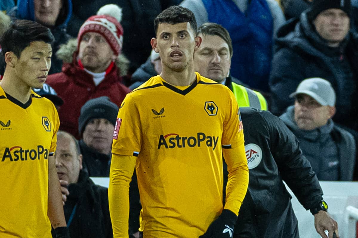 LIVERPOOL, ENGLAND - Saturday, January 7, 2023: Wolverhampton Wanderers' Matheus Nunes (C) prepares to come on as a substitute during the FA Cup 3rd Round match between Liverpool FC and Wolverhampton Wanderers FC at Anfield. The game ended in a 2-2 draw. (Pic by David Rawcliffe/Propaganda)