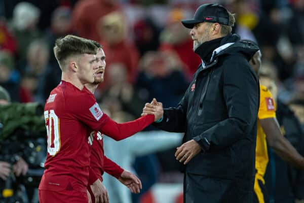 LIVERPOOL, ENGLAND - Saturday, January 7, 2023: Liverpool's manager Jürgen Klopp (R) shakes hands with Ben Doak (L) after the FA Cup 3rd Round match between Liverpool FC and Wolverhampton Wanderers FC at Anfield. The game ended in a 2-2 draw. (Pic by David Rawcliffe/Propaganda)