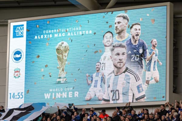 BRIGHTON & HOVE, ENGLAND - Saturday, January 14, 2023: Brighton & Hove Albion pay tribute to their Argentina World Cup winner Alexis Mac Allister before the FA Premier League match between Brighton & Hove Albion FC and Liverpool FC at the Falmer Stadium. (Pic by David Rawcliffe/Propaganda)