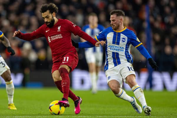 BRIGHTON & HOVE, ENGLAND - Saturday, January 14, 2023: Liverpool's Mohamed Salah (C) gets away from Brighton & Hove Albion's Alexis Mac Allister during the FA Premier League match between Brighton & Hove Albion FC and Liverpool FC at the Falmer Stadium. (Pic by David Rawcliffe/Propaganda)