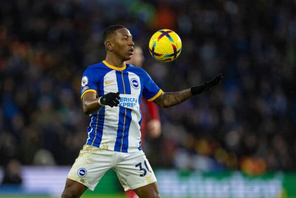 BRIGHTON & HOVE, ENGLAND - Saturday, January 14, 2023: Brighton & Hove Albion's Pervis Josue Tenorio Estupiñán during the FA Premier League match between Brighton & Hove Albion FC and Liverpool FC at the Falmer Stadium. (Pic by David Rawcliffe/Propaganda)