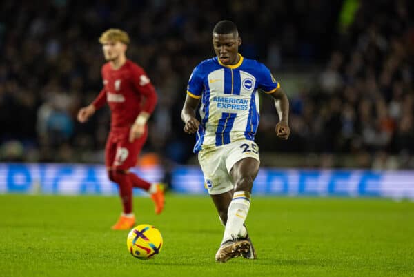 BRIGHTON & HOVE, ENGLAND - Saturday, January 14, 2023: Brighton & Hove Albion's Moisés Caicedo during the FA Premier League match between Brighton & Hove Albion FC and Liverpool FC at the Falmer Stadium. (Pic by David Rawcliffe/Propaganda)