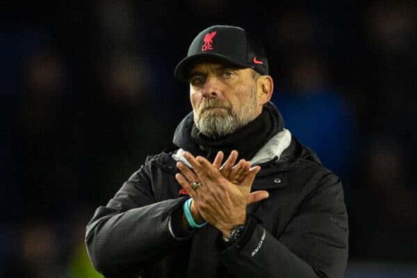 BRIGHTON & HOVE, ENGLAND - Saturday, January 14, 2023: Liverpool's manager Jürgen Klopp applauds the travelling supporters after the FA Premier League match between Brighton & Hove Albion FC and Liverpool FC at the Falmer Stadium. Brighton won 3-0. (Pic by David Rawcliffe/Propaganda)