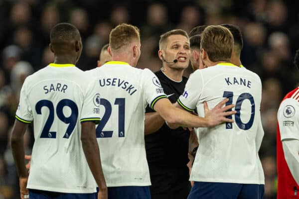 LONDON, ENGLAND - Sunday, January 15, 2023: Tottenham Hotspur players surround referee Craig Pawson during the FA Premier League match between Tottenham Hotspur FC and Arsenal FC at the Tottenham Hotspur Stadium. Arsenal won 2-0. (Pic by David Rawcliffe/Propaganda)