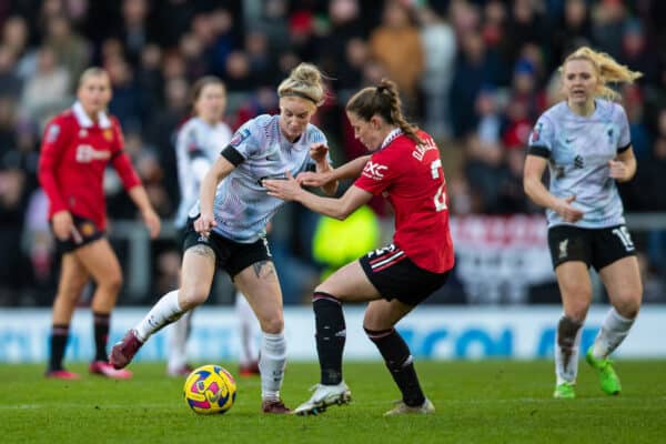 LEIGH, ENGLAND - Sunday, January 15, 2023: Liverpool's Jasmine Matthews (L) is challenged by Manchester United's Ona Batlle during the FA Women’s Super League match between Manchester United FC Women and Liverpool FC Women at Leigh Sports Village. (Pic by Jessica Hornby/Propaganda)