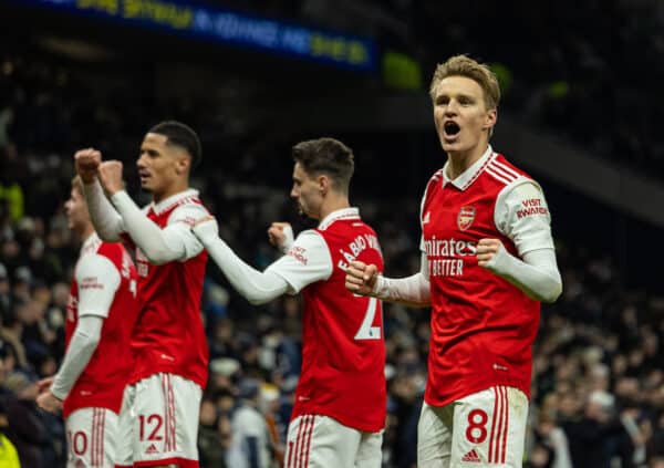 LONDON, ENGLAND - Sunday, January 15, 2023: Arsenal's captain and goal-scorer Martin Ødegaard celebrates at the final whistle during the FA Premier League match between Tottenham Hotspur FC and Arsenal FC at the Tottenham Hotspur Stadium. Arsenal won 2-0. (Pic by David Rawcliffe/Propaganda)