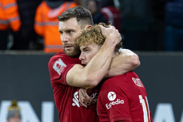 WOLVERHAMPTON, ENGLAND - Tuesday, January 17, 2023: Liverpool's Harvey Elliott (R) celebrates with team-mate James Milner after scoring the winning goal during the FA Cup 3rd Round Replay match between Wolverhampton Wanderers FC and Liverpool FC at Molineux Stadium. Liverpool won 1-0. (Pic by David Rawcliffe/Propaganda)