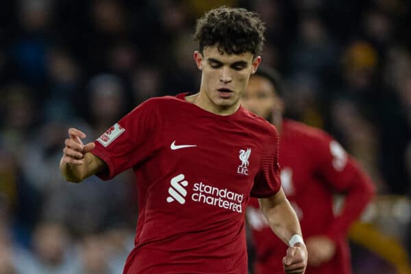 WOLVERHAMPTON, ENGLAND - Tuesday, January 17, 2023: Liverpool's Stefan Bajcetic during the FA Cup 3rd Round Replay match between Wolverhampton Wanderers FC and Liverpool FC at Molineux Stadium. (Pic by David Rawcliffe/Propaganda)