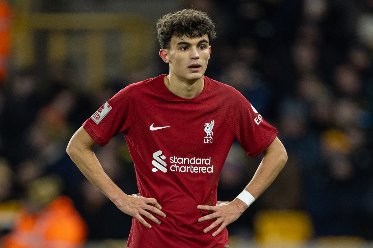 WOLVERHAMPTON, ENGLAND - Tuesday, January 17, 2023: Liverpool's Stefan Bajcetic during the FA Cup 3rd Round Replay match between Wolverhampton Wanderers FC and Liverpool FC at Molineux Stadium. Liverpool won 1-0. (Pic by David Rawcliffe/Propaganda)