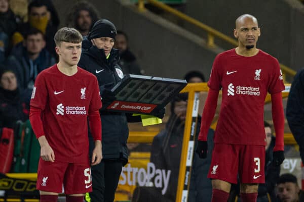 WOLVERHAMPTON, ENGLAND - Tuesday, January 17, 2023: Liverpool's substitutes Ben Doak (L) and Fabio Henrique Tavares 'Fabinho' prepare to come on during the FA Cup 3rd Round Replay match between Wolverhampton Wanderers FC and Liverpool FC at Molineux Stadium. Liverpool won 1-0. (Pic by David Rawcliffe/Propaganda)