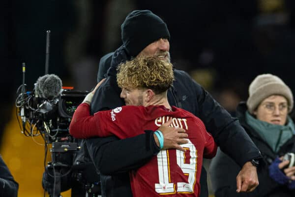 WOLVERHAMPTON, ENGLAND - Tuesday, January 17, 2023: Liverpool's manager Jürgen Klopp (L) embraces winning goal-scorer Harvey Elliott after the FA Cup 3rd Round Replay match between Wolverhampton Wanderers FC and Liverpool FC at Molineux Stadium. Liverpool won 1-0. (Pic by David Rawcliffe/Propaganda)