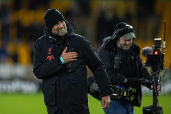 WOLVERHAMPTON, ENGLAND - Tuesday, January 17, 2023: Liverpool's manager Jürgen Klopp celebrates after the FA Cup 3rd Round Replay match between Wolverhampton Wanderers FC and Liverpool FC at Molineux Stadium. Liverpool won 1-0. (Pic by David Rawcliffe/Propaganda)