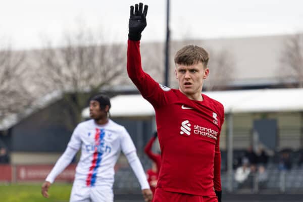 LIVERPOOL, ENGLAND - Sunday, January 22, 2023: Liverpool's Ben Doak during the Premier League 2 Division 1 match between Liverpool FC Under-21's and Crystal Palace FC Under-21's at the Liverpool Academy. (Pic by David Rawcliffe/Propaganda)