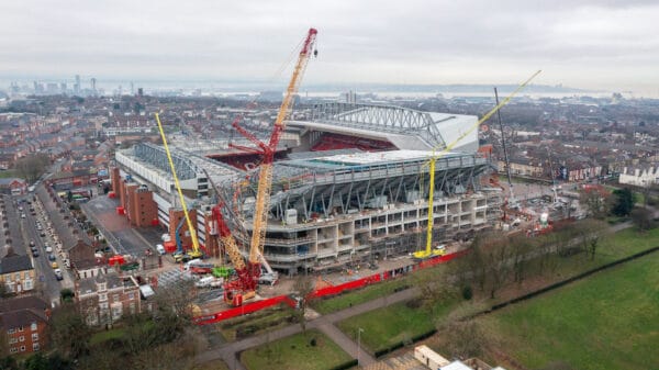 LIVERPOOL, ENGLAND - Tuesday, January 24, 2023: An aerial view of Anfield, the home stadium of Liverpool Football Club, showing the ongoing construction of the new Anfield Road expansion. The redevelopment of the stand will see 7,000 more seats added taking Anfield's overall capacity to more than 61,000. (Pic by David Rawcliffe/Propaganda)