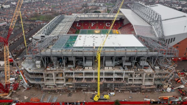 LIVERPOOL, ENGLAND - Tuesday, January 24, 2023: An aerial view of Anfield, the home stadium of Liverpool Football Club, showing the ongoing construction of the new Anfield Road expansion. The redevelopment of the stand will see 7,000 more seats added taking Anfield's overall capacity to more than 61,000. (Pic by David Rawcliffe/Propaganda)