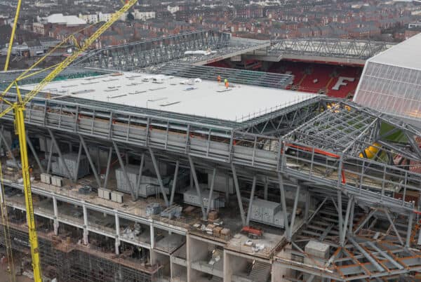 LIVERPOOL, ENGLAND - Tuesday, January 24, 2023: An aerial view of Anfield, the home stadium of Liverpool Football Club, showing the ongoing construction of the new Anfield Road expansion. The redevelopment of the stand will see 7,000 more seats added taking Anfield's overall capacity to more than 61,000. (Pic by David Rawcliffe/Propaganda)