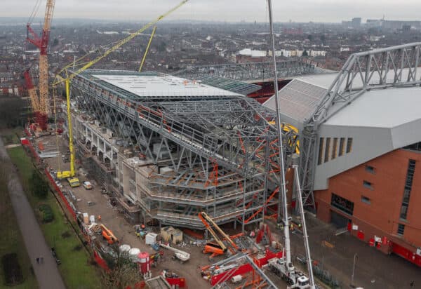 LIVERPOOL, ENGLAND - Tuesday, January 24, 2023: An aerial view of Anfield, the home stadium of Liverpool Football Club, showing the ongoing construction of the new Anfield Road expansion. The redevelopment of the stand will see 7,000 more seats added taking Anfield's overall capacity to more than 61,000. (Pic by David Rawcliffe/Propaganda)