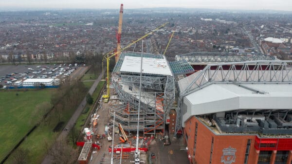 LIVERPOOL, ENGLAND - Tuesday, January 24, 2023: An aerial view of Anfield, the home stadium of Liverpool Football Club, showing the ongoing construction of the new Anfield Road expansion. The redevelopment of the stand will see 7,000 more seats added taking Anfield's overall capacity to more than 61,000. (Pic by David Rawcliffe/Propaganda)