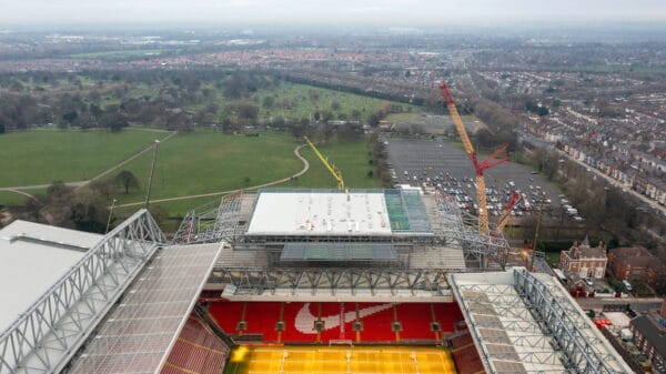 LIVERPOOL, ENGLAND - Tuesday, January 24, 2023: An aerial view of Anfield, the home stadium of Liverpool Football Club, showing the ongoing construction of the new Anfield Road expansion. The redevelopment of the stand will see 7,000 more seats added taking Anfield's overall capacity to more than 61,000. (Pic by David Rawcliffe/Propaganda)