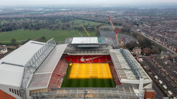 LIVERPOOL, ENGLAND - Tuesday, January 24, 2023: An aerial view of Anfield, the home stadium of Liverpool Football Club, showing the ongoing construction of the new Anfield Road expansion. The redevelopment of the stand will see 7,000 more seats added taking Anfield's overall capacity to more than 61,000. (Pic by David Rawcliffe/Propaganda)