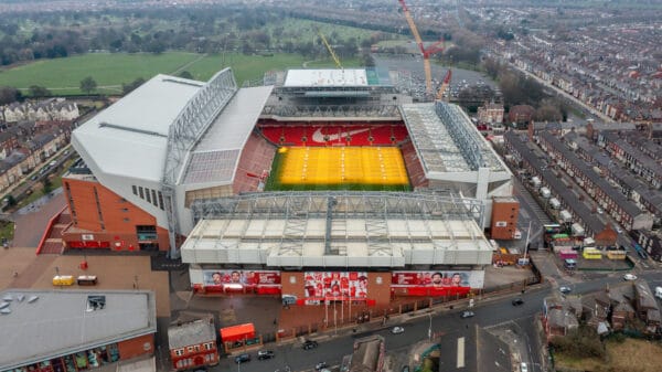 LIVERPOOL, ENGLAND - Tuesday, January 24, 2023: An aerial view of Anfield, the home stadium of Liverpool Football Club, showing the ongoing construction of the new Anfield Road expansion. The redevelopment of the stand will see 7,000 more seats added taking Anfield's overall capacity to more than 61,000. (Pic by David Rawcliffe/Propaganda)