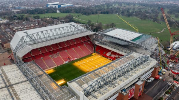 LIVERPOOL, ENGLAND - Tuesday, January 24, 2023: An aerial view of Anfield, the home stadium of Liverpool Football Club, showing the ongoing construction of the new Anfield Road expansion. The redevelopment of the stand will see 7,000 more seats added taking Anfield's overall capacity to more than 61,000. (Pic by David Rawcliffe/Propaganda)