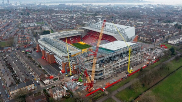 LIVERPOOL, ENGLAND - Tuesday, January 24, 2023: An aerial view of Anfield, the home stadium of Liverpool Football Club, showing the ongoing construction of the new Anfield Road expansion. The redevelopment of the stand will see 7,000 more seats added taking Anfield's overall capacity to more than 61,000. (Pic by David Rawcliffe/Propaganda)