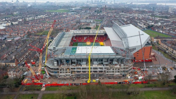 LIVERPOOL, ENGLAND - Tuesday, January 24, 2023: An aerial view of Anfield, the home stadium of Liverpool Football Club, showing the ongoing construction of the new Anfield Road expansion. The redevelopment of the stand will see 7,000 more seats added taking Anfield's overall capacity to more than 61,000. (Pic by David Rawcliffe/Propaganda)