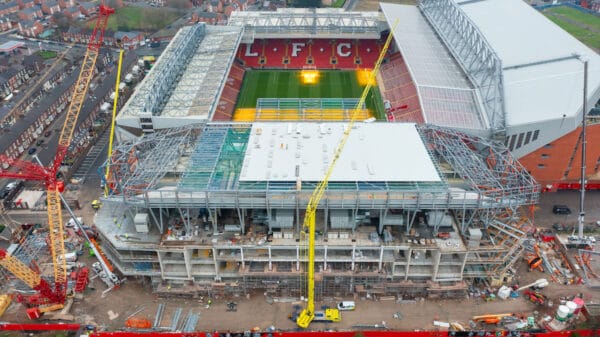 LIVERPOOL, ENGLAND - Tuesday, January 24, 2023: An aerial view of Anfield, the home stadium of Liverpool Football Club, showing the ongoing construction of the new Anfield Road expansion. The redevelopment of the stand will see 7,000 more seats added taking Anfield's overall capacity to more than 61,000. (Pic by David Rawcliffe/Propaganda)