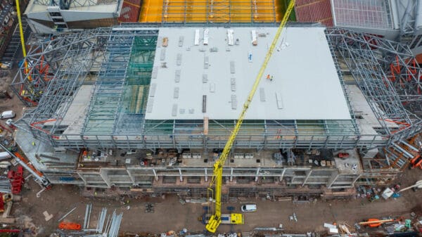 LIVERPOOL, ENGLAND - Tuesday, January 24, 2023: An aerial view of Anfield, the home stadium of Liverpool Football Club, showing the ongoing construction of the new Anfield Road expansion. The redevelopment of the stand will see 7,000 more seats added taking Anfield's overall capacity to more than 61,000. (Pic by David Rawcliffe/Propaganda)