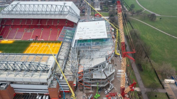 LIVERPOOL, ENGLAND - Tuesday, January 24, 2023: An aerial view of Anfield, the home stadium of Liverpool Football Club, showing the ongoing construction of the new Anfield Road expansion. The redevelopment of the stand will see 7,000 more seats added taking Anfield's overall capacity to more than 61,000. (Pic by David Rawcliffe/Propaganda)