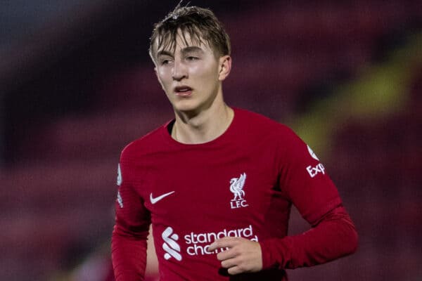 KIDDERMINSTER, ENGLAND - Friday, January 27, 2023: Liverpool's Max Woltman during the Premier League 2 Division 1 match between Wolverhampton Wanderers FC Under-21's and Liverpool FC Under-21's at Aggborough Stadium. Liverpool won 1-0. (Pic by Jessica Hornby/Propaganda)