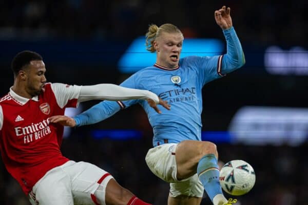 MANCHESTER, ENGLAND - Friday, January 27, 2023: Manchester City's Erling Haaland (R) is challenged by Arsenal's Gabriel Magalhães during the FA Cup 4th Round match between Manchester City FC and Arsenal FC at the City of Manchester Stadium. Man City won 1-0. (Pic by David Rawcliffe/Propaganda)