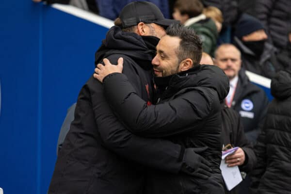 BRIGHTON & HOVE, ENGLAND - Sunday, January 29, 2023: Liverpool's manager Jürgen Klopp (L) and Brighton & Hove Albion's manager Roberto De Zerbi embrace before the FA Cup 4th Round match between Brighton & Hove Albion FC and Liverpool FC at the Falmer Stadium. Brighton won 2-1. (Pic by David Rawcliffe/Propaganda)