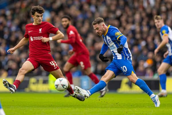 BRIGHTON & HOVE, ENGLAND - Sunday, January 29, 2023: Brighton & Hove Albion's Alexis Mac Allister (R) and Liverpool's Stefan Bajcetic during the FA Cup 4th Round match between Brighton & Hove Albion FC and Liverpool FC at the Falmer Stadium. Brighton won 2-1. (Pic by David Rawcliffe/Propaganda)