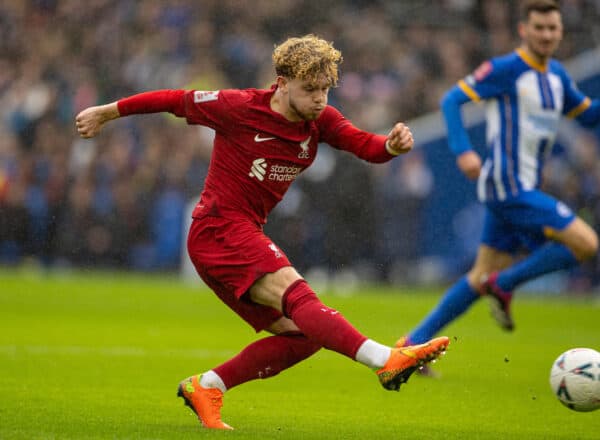 BRIGHTON & HOVE, ENGLAND - Sunday, January 29, 2023: Liverpool's Harvey Elliott scores the opening goal during the FA Cup 4th Round match between Brighton & Hove Albion FC and Liverpool FC at the Falmer Stadium. Brighton won 2-1. (Pic by David Rawcliffe/Propaganda)