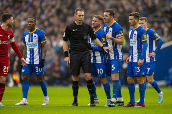 BRIGHTON & HOVE, ENGLAND - Sunday, January 29, 2023: Brighton & Hove Albion players appeal to referee David Coote during the FA Cup 4th Round match between Brighton & Hove Albion FC and Liverpool FC at the Falmer Stadium. Brighton won 2-1. (Pic by David Rawcliffe/Propaganda)