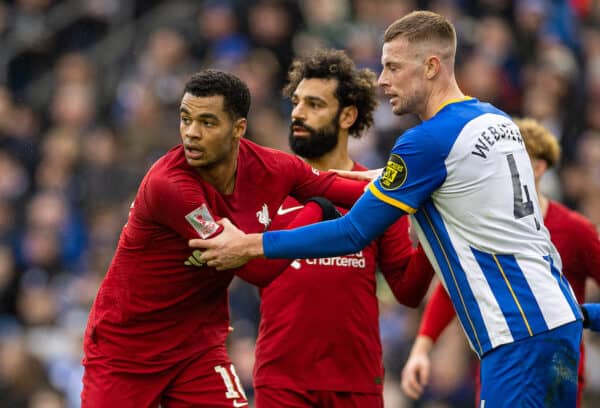 BRIGHTON & HOVE, ENGLAND - Sunday, January 29, 2023: Liverpool's Cody Gakpo (L) and Brighton & Hove Albion's Adam Webster during the FA Cup 4th Round match between Brighton & Hove Albion FC and Liverpool FC at the Falmer Stadium. Brighton won 2-1. (Pic by David Rawcliffe/Propaganda)