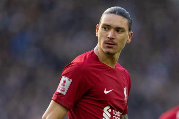 BRIGHTON & HOVE, ENGLAND - Sunday, January 29, 2023: Liverpool's Darwin Núñez during the FA Cup 4th Round match between Brighton & Hove Albion FC and Liverpool FC at the Falmer Stadium. Brighton won 2-1. (Pic by David Rawcliffe/Propaganda)