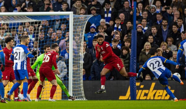 BRIGHTON & HOVE, ENGLAND - Sunday, January 29, 2023: Brighton & Hove Albion's Kaoru Mitoma scores the winning second goal during the FA Cup 4th Round match between Brighton & Hove Albion FC and Liverpool FC at the Falmer Stadium. Brighton won 2-1. (Pic by David Rawcliffe/Propaganda)