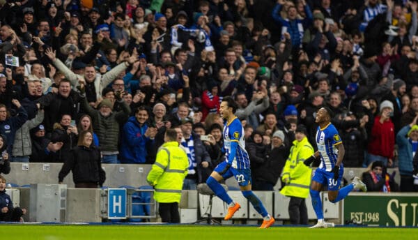 BRIGHTON & HOVE, ENGLAND - Sunday, January 29, 2023: Brighton & Hove Albion's Kaoru Mitoma celebrates after scoring the winning second goal during the FA Cup 4th Round match between Brighton & Hove Albion FC and Liverpool FC at the Falmer Stadium. Brighton won 2-1. (Pic by David Rawcliffe/Propaganda)