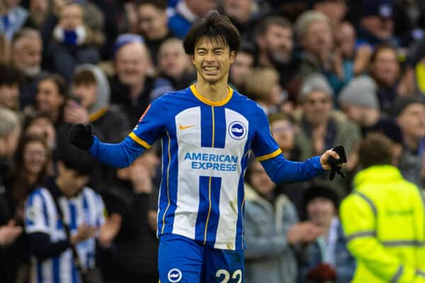 BRIGHTON & HOVE, ENGLAND - Sunday, January 29, 2023: Brighton & Hove Albion's Kaoru Mitoma celebrates after scoring the winning second goal during the FA Cup 4th Round match between Brighton & Hove Albion FC and Liverpool FC at the Falmer Stadium. Brighton won 2-1. (Pic by David Rawcliffe/Propaganda)