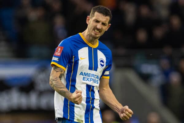 BRIGHTON & HOVE, ENGLAND - Sunday, January 29, 2023: Brighton & Hove Albion's captain Lewis Dunk celebrates at the final whistle during the FA Cup 4th Round match between Brighton & Hove Albion FC and Liverpool FC at the Falmer Stadium. Brighton won 2-1. (Pic by David Rawcliffe/Propaganda)
